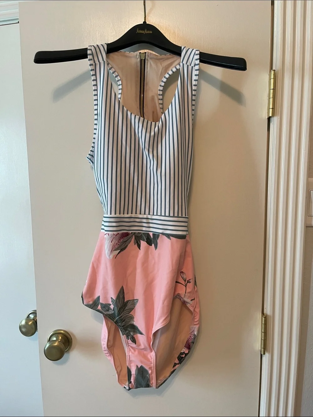 NWT Albion Blue-and-White Striped Racerback One-Piece with Pink Floral Bottom XL